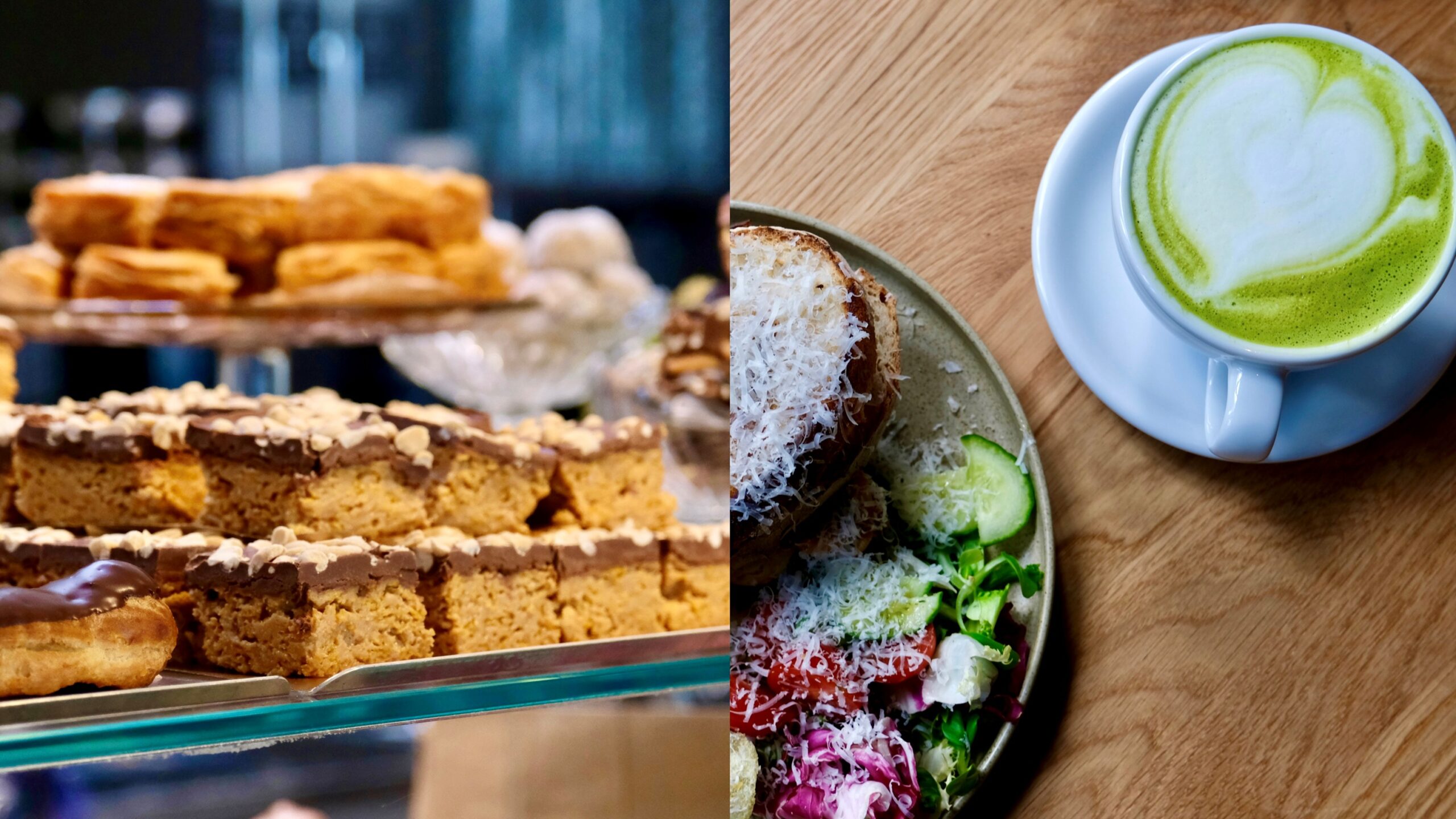 Macha latte på Café Volta på Hagaesplanaden i Hagastaden