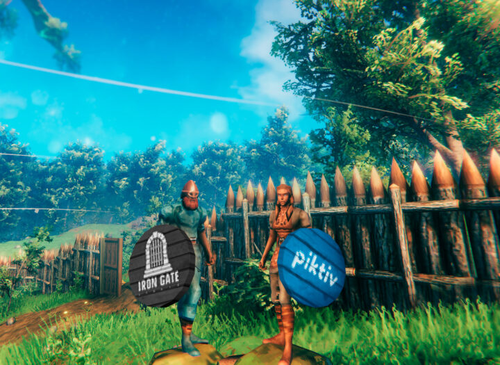 Valheim game characters with iron gate and piktiv shields