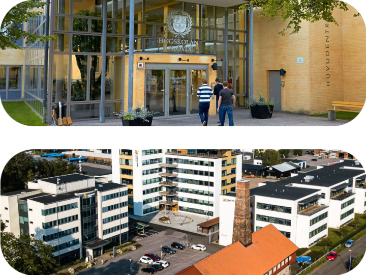 Picture of the entrance to the University of Skövde at the top, and a birds-eye-view of the Science Park Skövde. Piktiv's main office is within the Science Park Skövde.