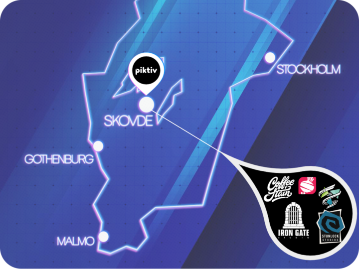 A picture showing the location of Skövde, Sweden. Piktiv's main office is in Skövde, and it shares the same hometown as Coffee Stain, Redbeet Interactive, Pieces Interactive, Iron Gate and Stunlock Studios.