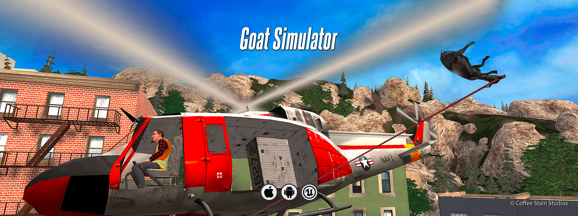 A banner for the video game Goat Simulator by Coffee Stain Studios, ported to iOS and Android by Piktiv.