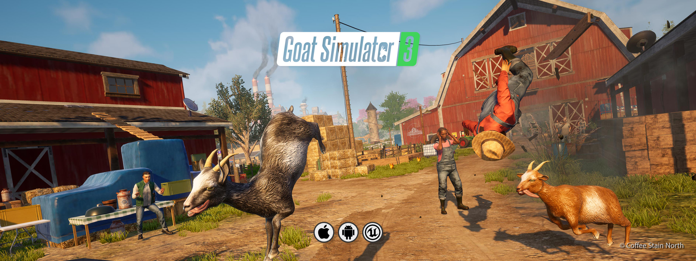 A banner for the video game Goat Simulator 3 by Coffee Stain North, ported to iOS and Android by Piktiv.