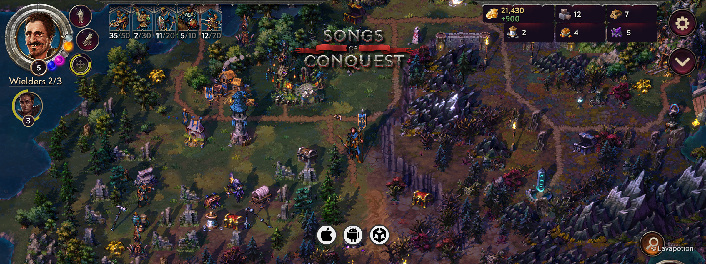 A banner for the video game Songs of Conquest by Lavapotion, ported to iOS and Android by Piktiv.