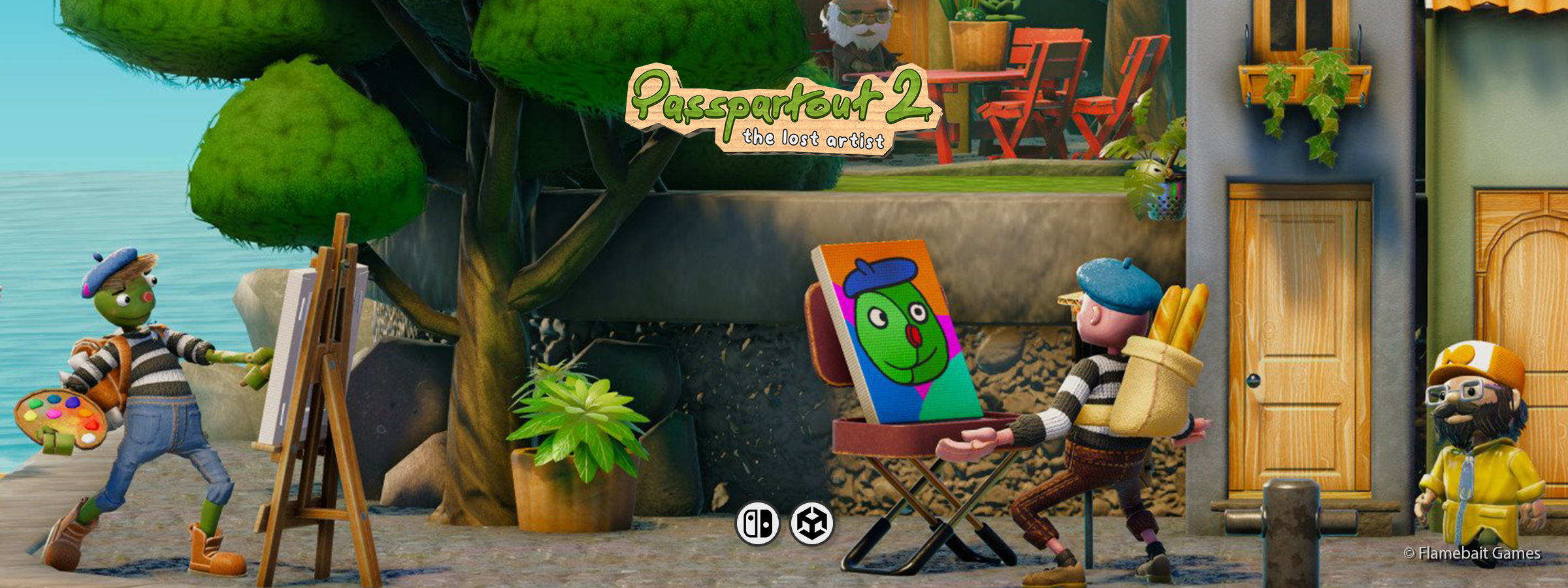 A banner for the video game Passpartout 2 by Flamebait Games, ported to Nintendo Switch by Piktiv.