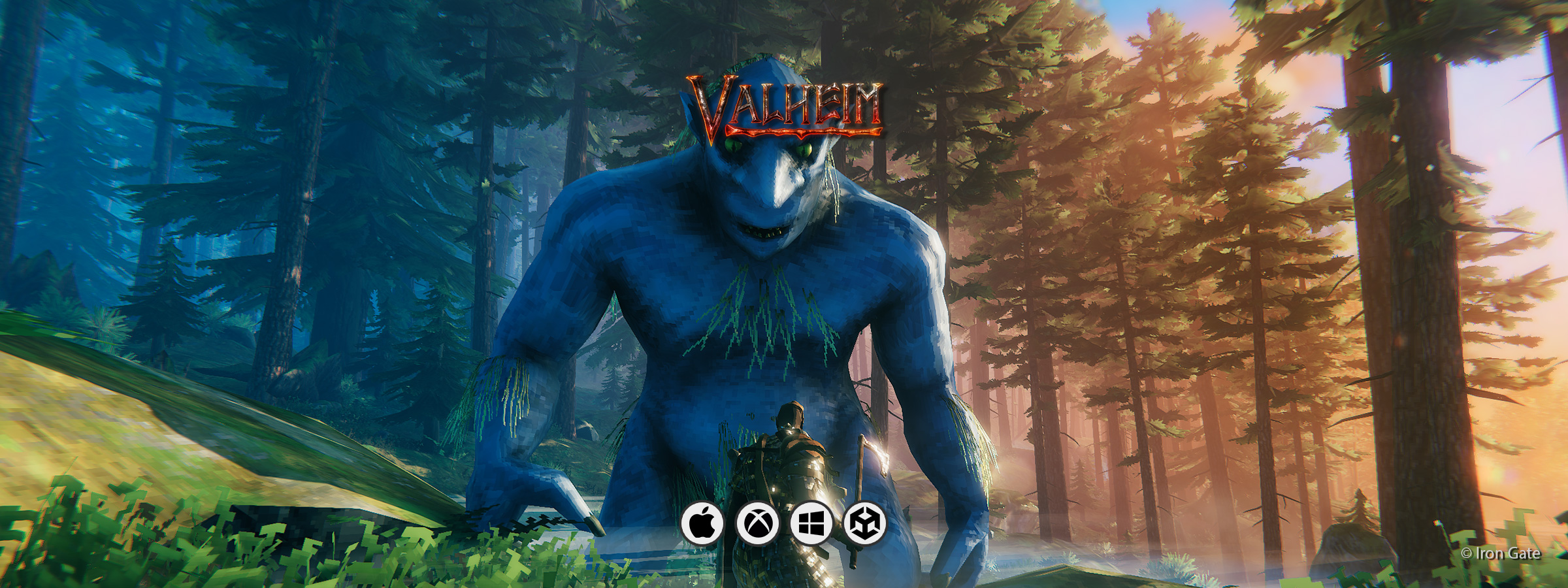 A banner for the video game Valheim by Iron Gate, ported to MacOS, Microsoft Xbox and Microsoft Store by Piktiv.