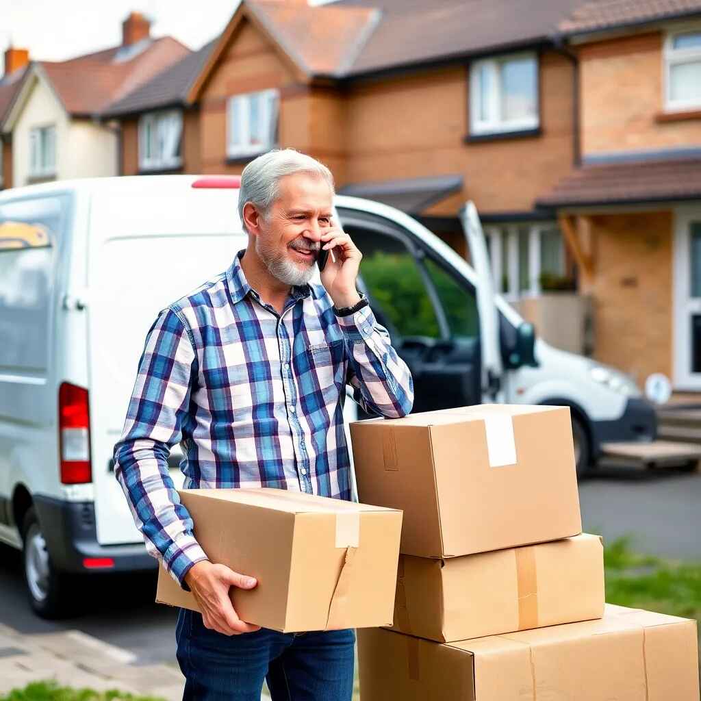 Man talking on phone holding cardboard boxes outside near a white van and houses