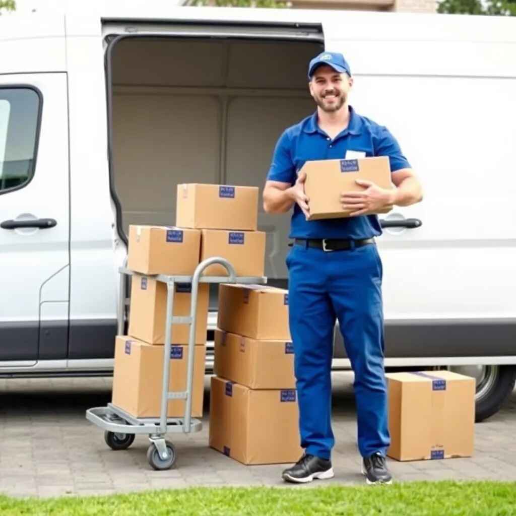 Man in blue uniform holding a cardboard box standing next to a cart loaded with cardboard boxes in front of a white van
